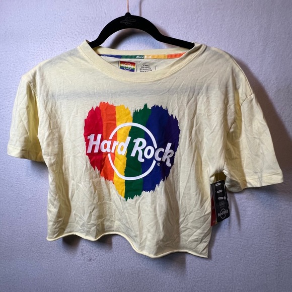 Hard Rock Cafe Pride 2022 LDS Logo Crop Top XS Washed Yellow Rainbow Heart - Picture 1 of 11